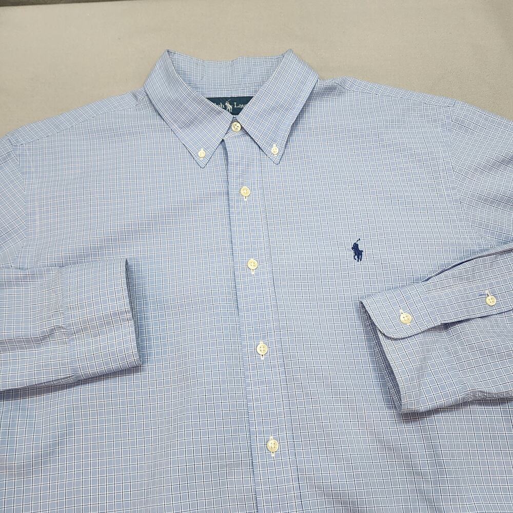 Ralph Lauren Custom Fit Blue Checked Button Up Shirt Men's Sz XL‎